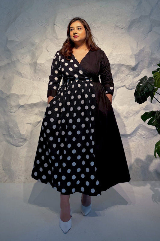 Zinnia Half & Half Polka Dot Wrap Dress with Kantha Embroidery