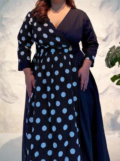 Zinnia Half & Half Polka Dot Wrap Dress with Kantha Embroidery