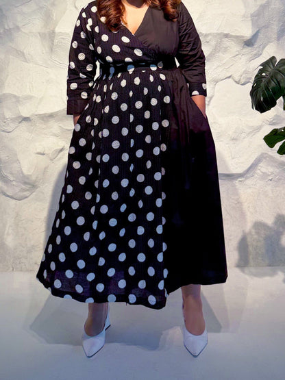 Zinnia Half & Half Polka Dot Wrap Dress with Kantha Embroidery