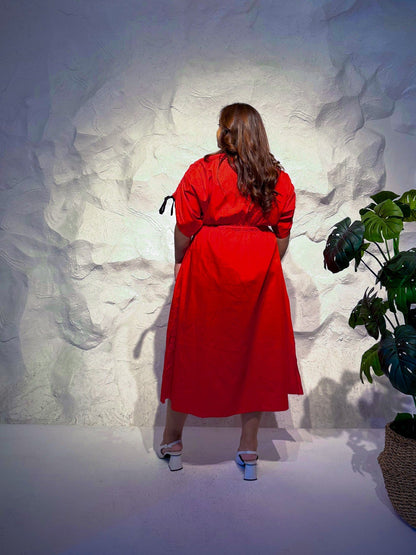 Crimson Drawstring Midi Dress