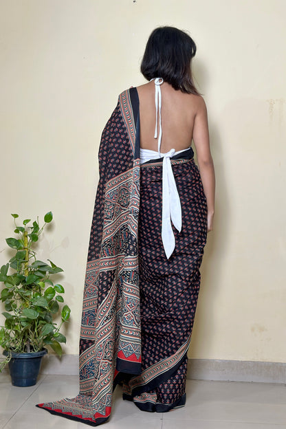 Maa Si Black Ajarkh Handblock - Mul Cotton Saree