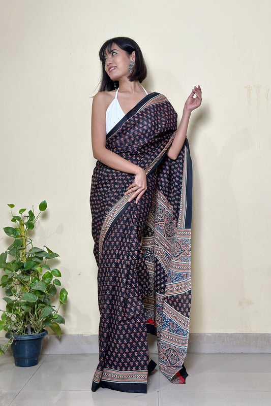 Maa Si Black Ajarkh Handblock - Mul Cotton Saree