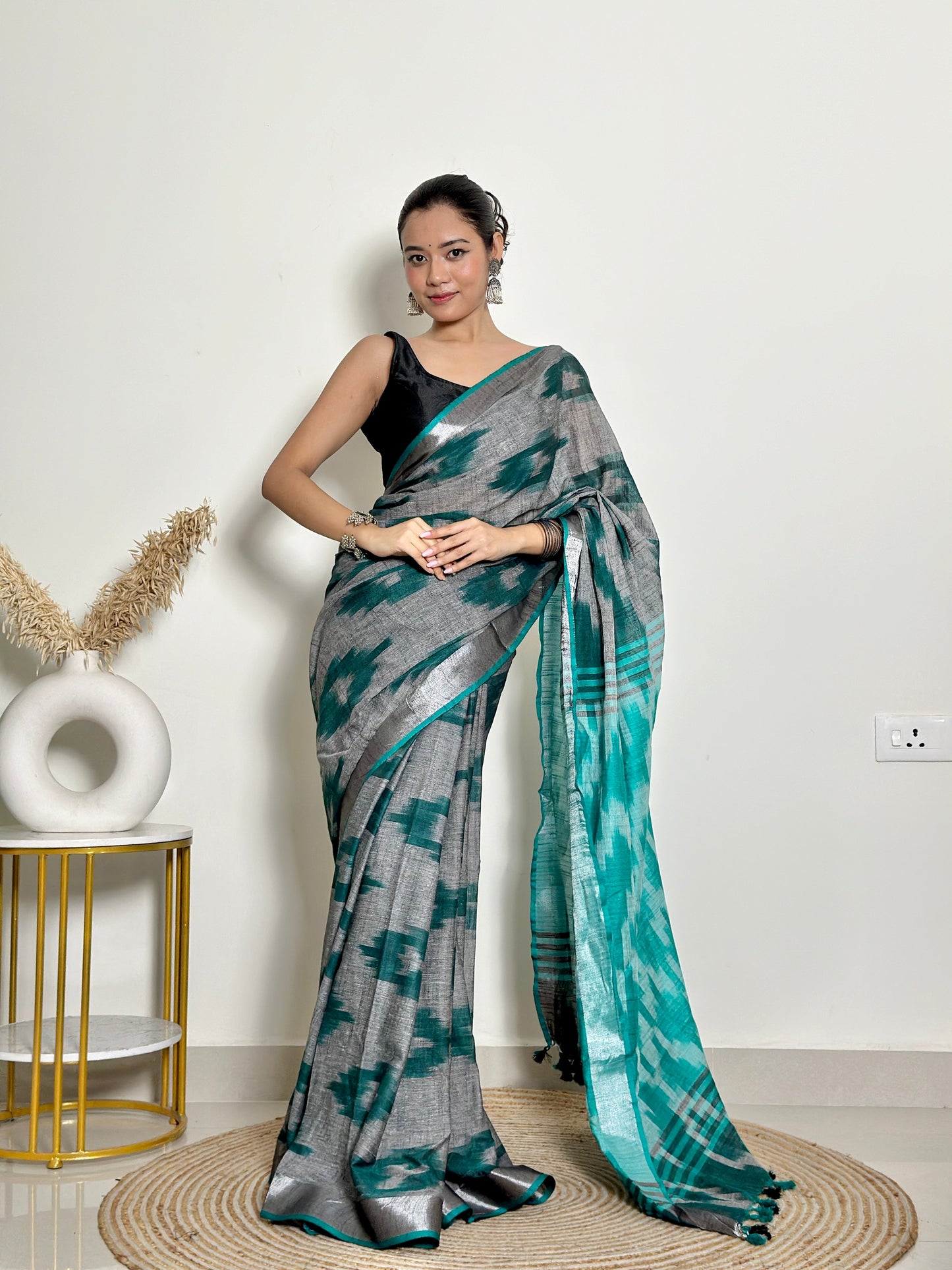 Grey And Turquoise Ikat Natural Dyed HandCrafted Soft Linen Saree