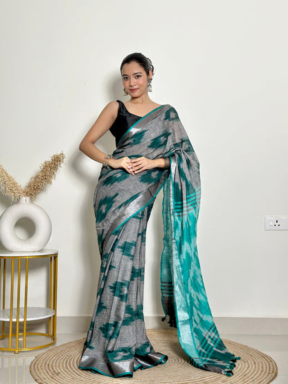 Grey And Turquoise Ikat Natural Dyed HandCrafted Soft Linen Saree