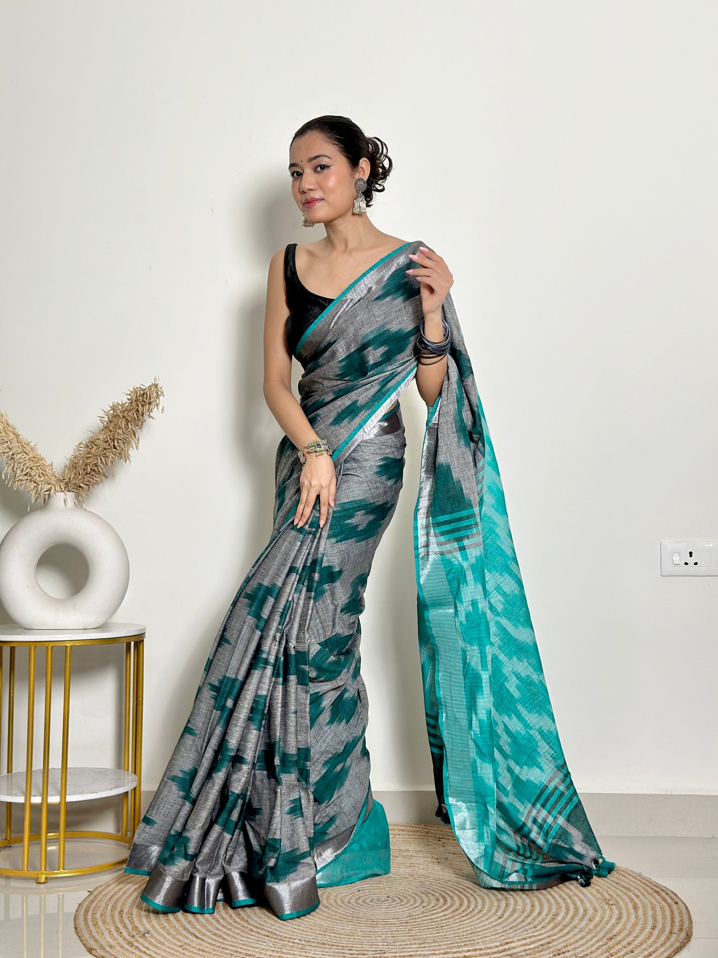 Grey And Turquoise Ikat Natural Dyed HandCrafted Soft Linen Saree