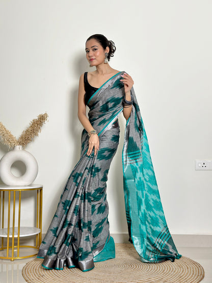 Grey And Turquoise Ikat Natural Dyed HandCrafted Soft Linen Saree