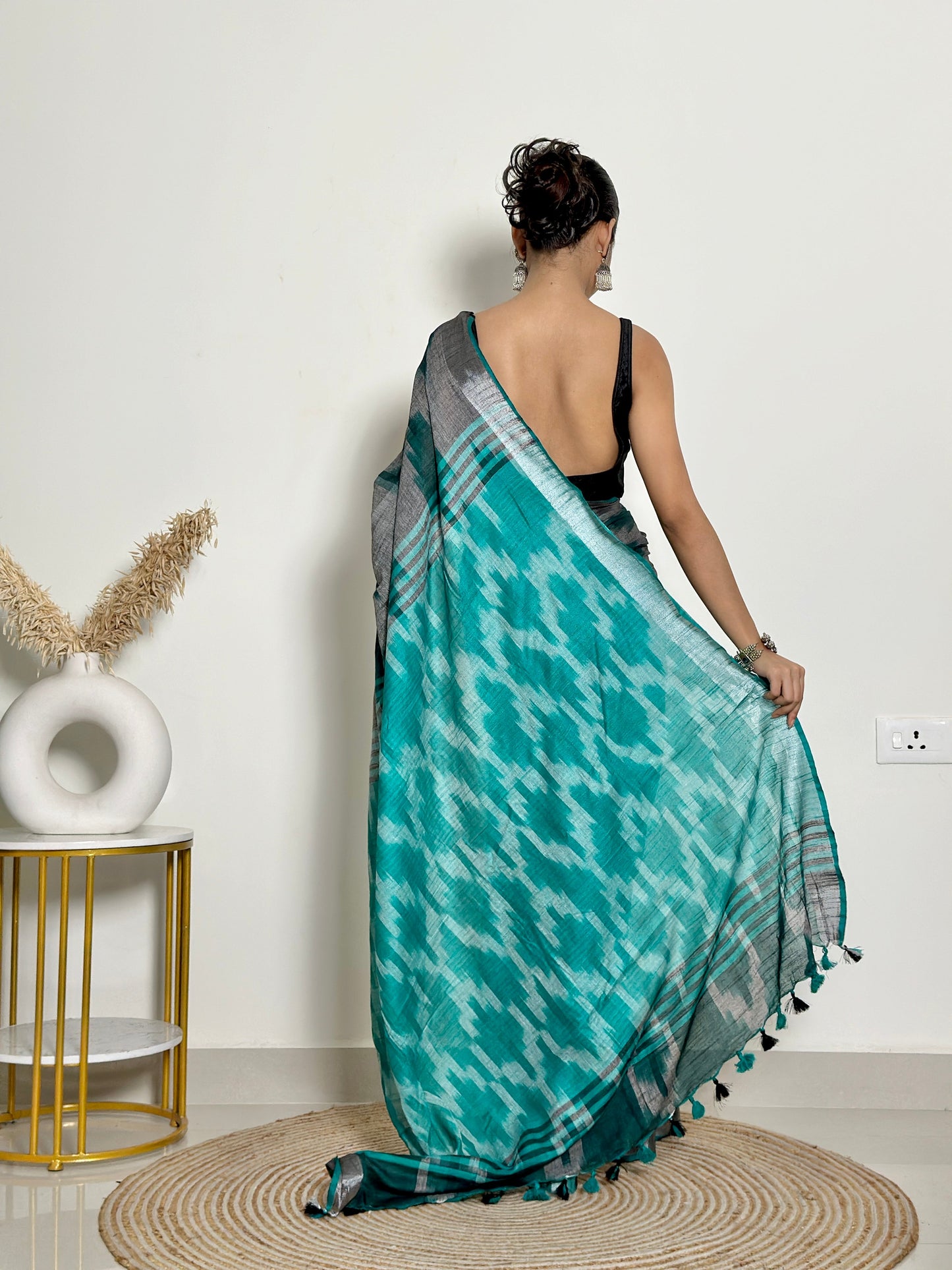 Grey And Turquoise Ikat Natural Dyed HandCrafted Soft Linen Saree