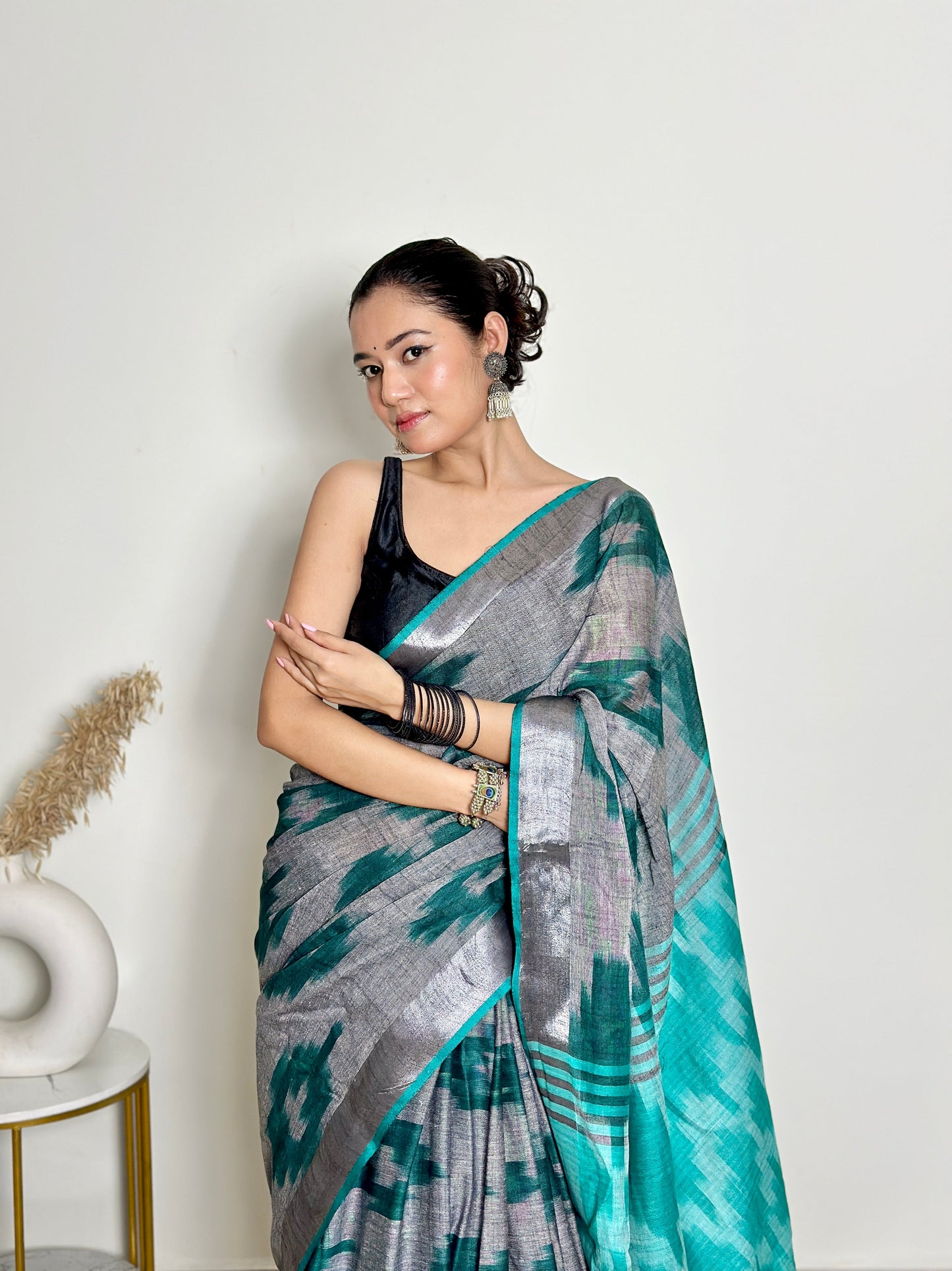 Grey And Turquoise Ikat Natural Dyed HandCrafted Soft Linen Saree