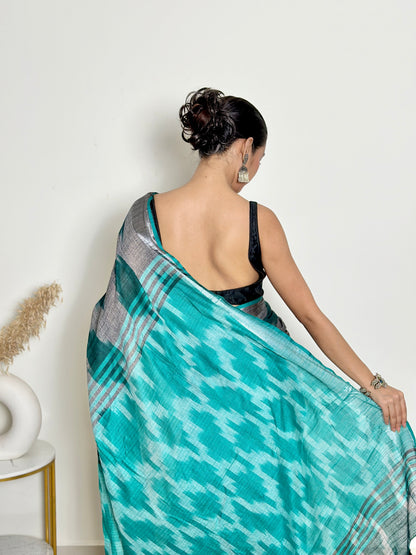 Grey And Turquoise Ikat Natural Dyed HandCrafted Soft Linen Saree