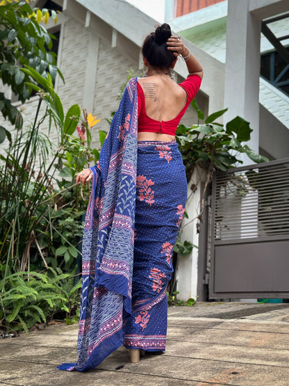 Elegant Navy Blue Handblock Printed Cotton Saree