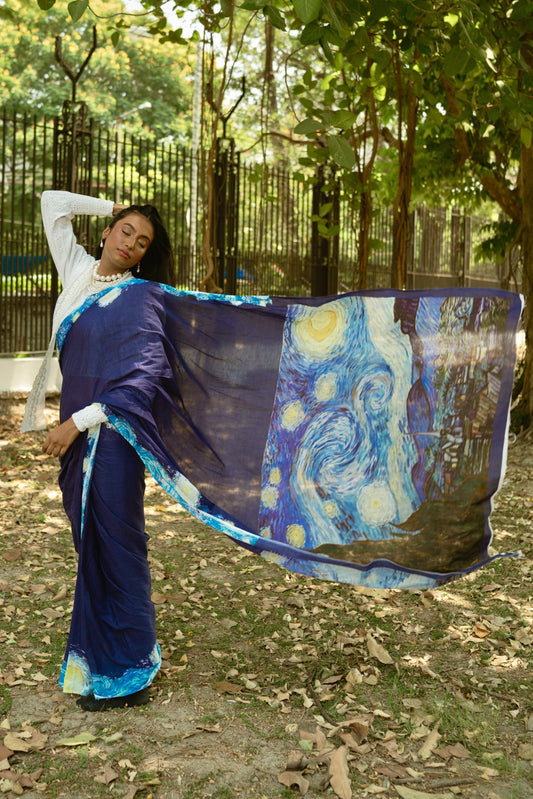 Van Gogh's Starry Night Mul Cotton Saree