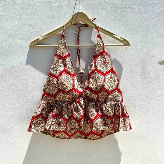 Red Block Print Halter Neck Cotton Top