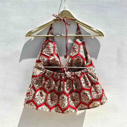 Red Block Print Halter Neck Cotton Top