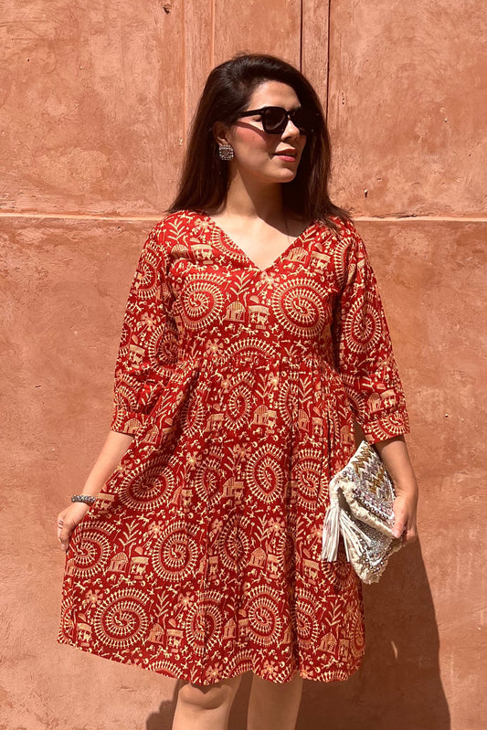 Printed Puff Sleeves Ethnic Dress