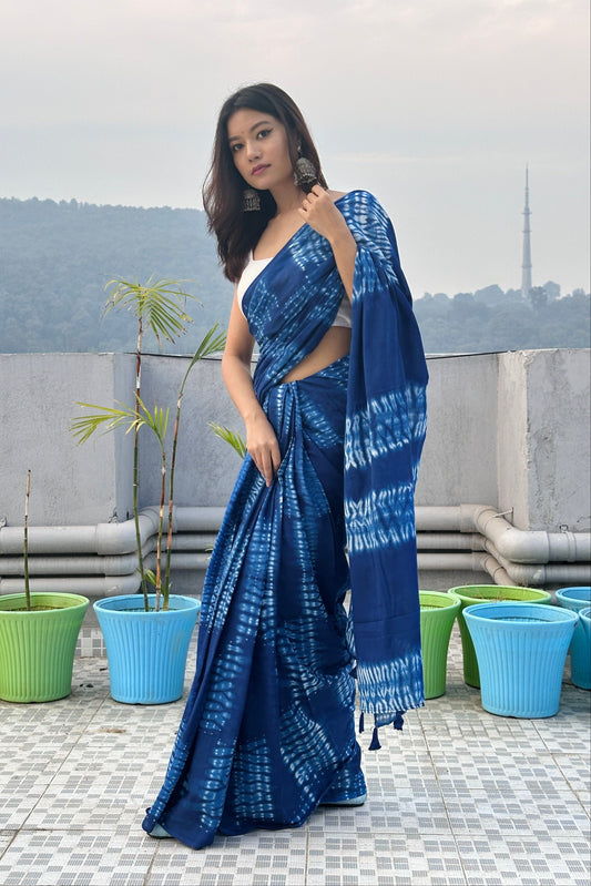 Neer Shibori Blue Natural Dyed - Mul Cotton Saree