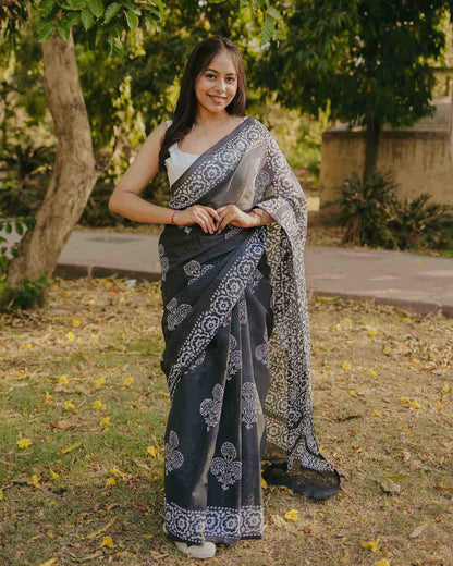 Charcoal - Grey Batik Pure Mulmul Cotton Saree