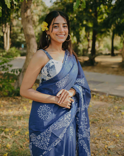 Cool Blue - Batik Pure Mulmul Cotton Saree
