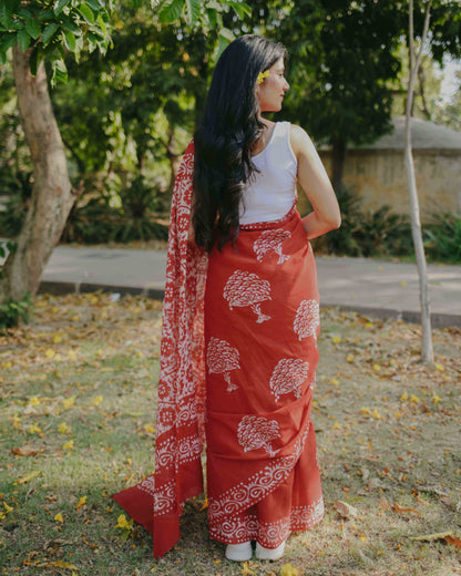 Cherry Crush - Red Batik Pure Mulmul Cotton Saree