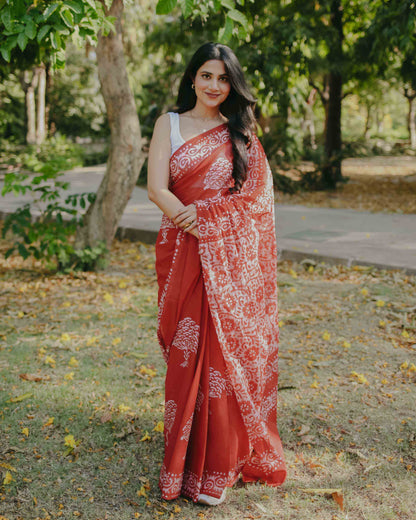 Cherry Crush - Red Batik Pure Mulmul Cotton Saree