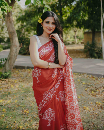Cherry Crush - Red Batik Pure Mulmul Cotton Saree