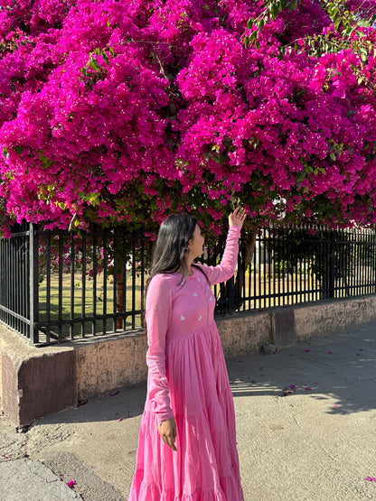 Pink Cotton Mulmul Long Anarkali Kurti