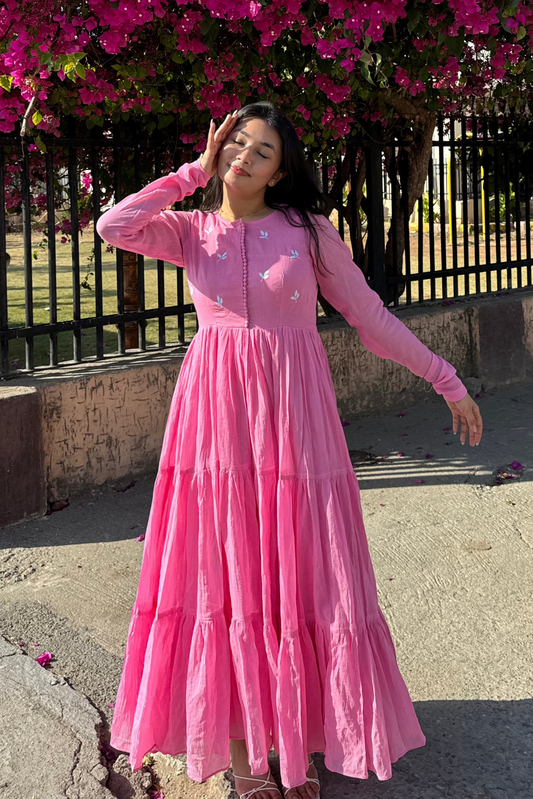 Pink Cotton Mulmul Long Anarkali Kurti