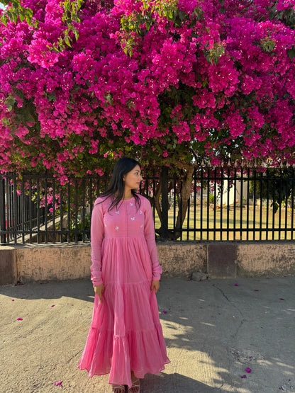 Pink Cotton Mulmul Long Anarkali Kurti