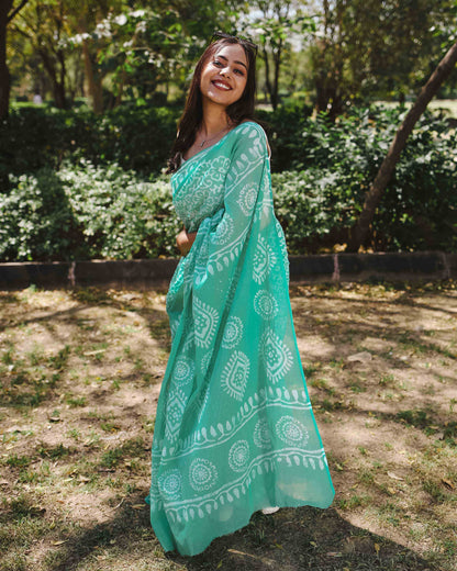 Mint Pop - Green Batik Pure Mulmul Cotton Saree
