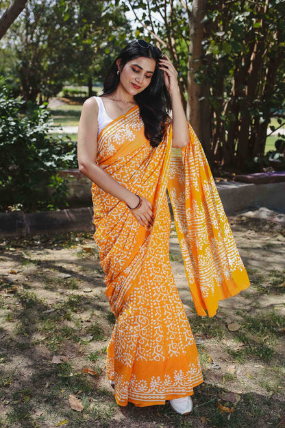 Mango Bite - Yellow Batik Pure Mulmul Cotton Saree