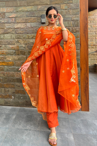 Flared Organza Suit Set with Intricate Mirror Work