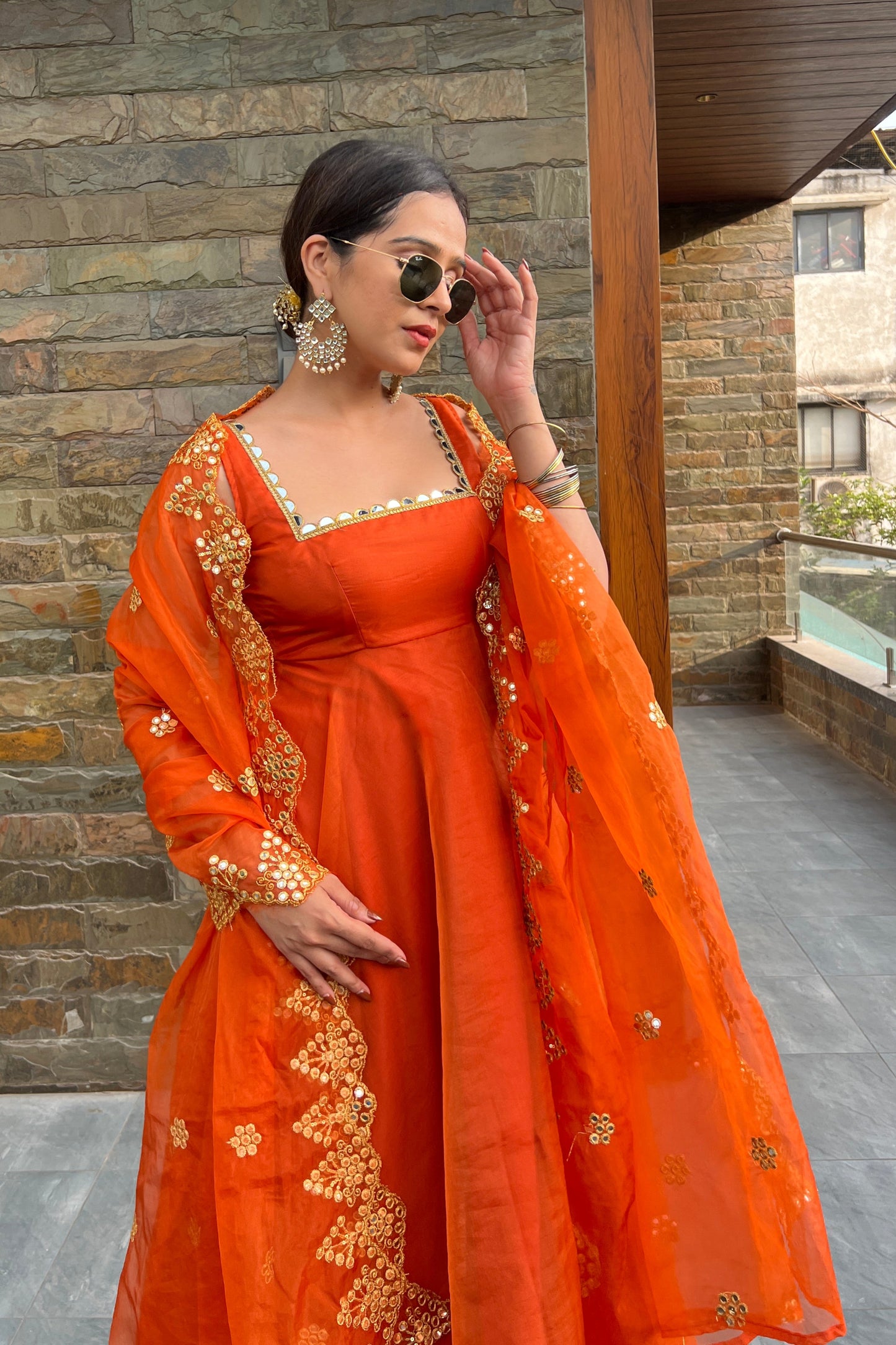 Flared Organza Suit Set with Intricate Mirror Work