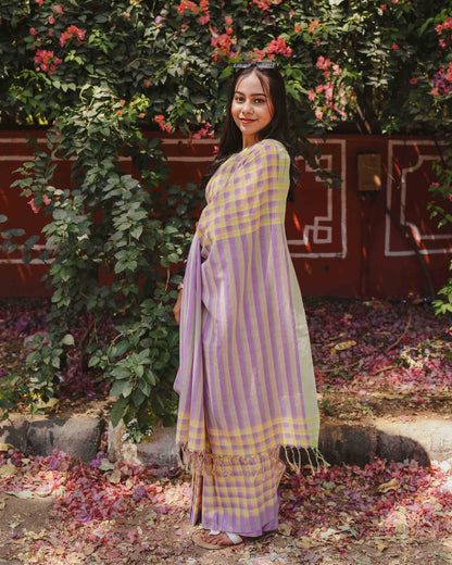 First Light - Lavender & Yellow Checked Organic Cotton Saree