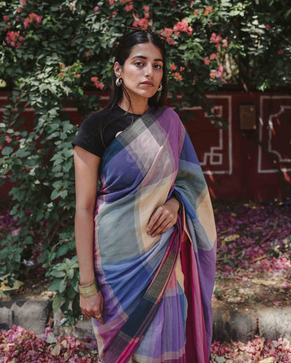 Power Play - Multicolour Checked Organic Cotton Saree