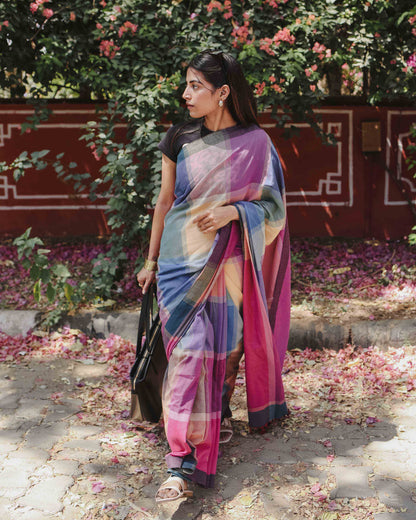 Power Play - Multicolour Checked Organic Cotton Saree