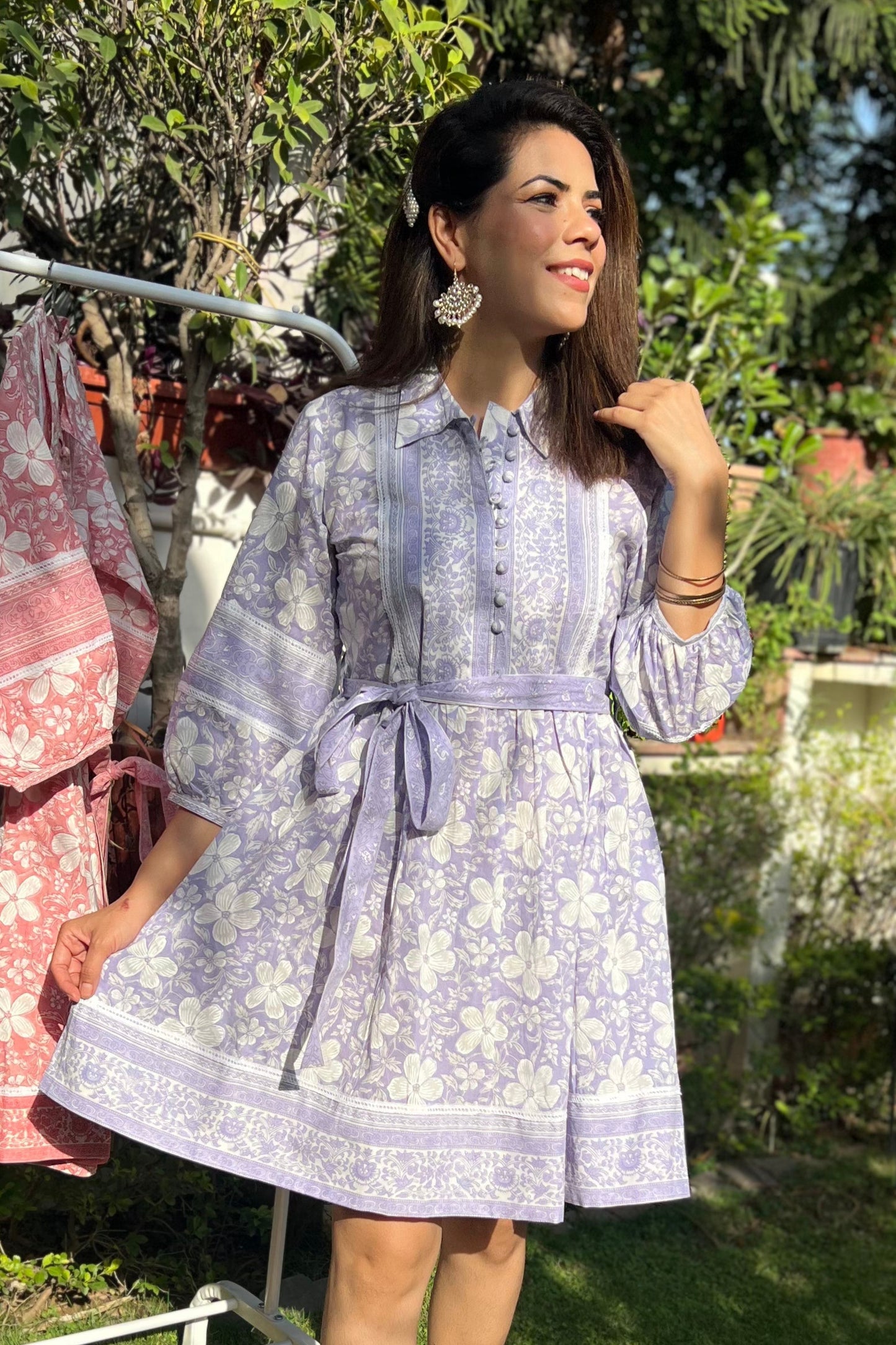 Collar Printed Tier Cotton Dress