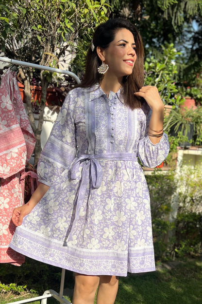 Collar Printed Tier Cotton Dress