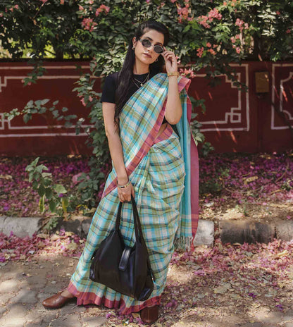 On the Clock - Turquoise & Green Checked Organic Cotton Saree
