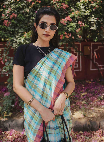 On the Clock - Turquoise & Green Checked Organic Cotton Saree