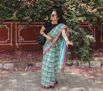 On the Clock - Turquoise & Green Checked Organic Cotton Saree