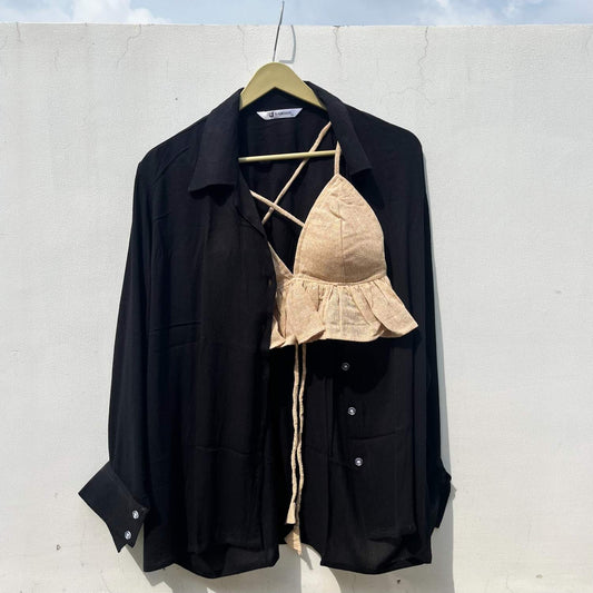 Black Crush Cotton Shirt with Jute Bralette Combo