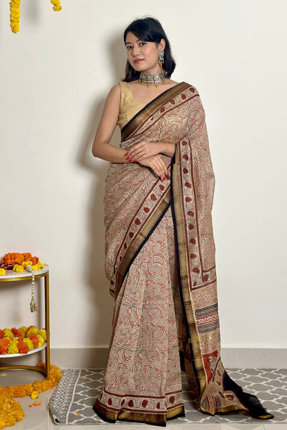 Gulzar Handblock Printed Maheshwari Silk Saree