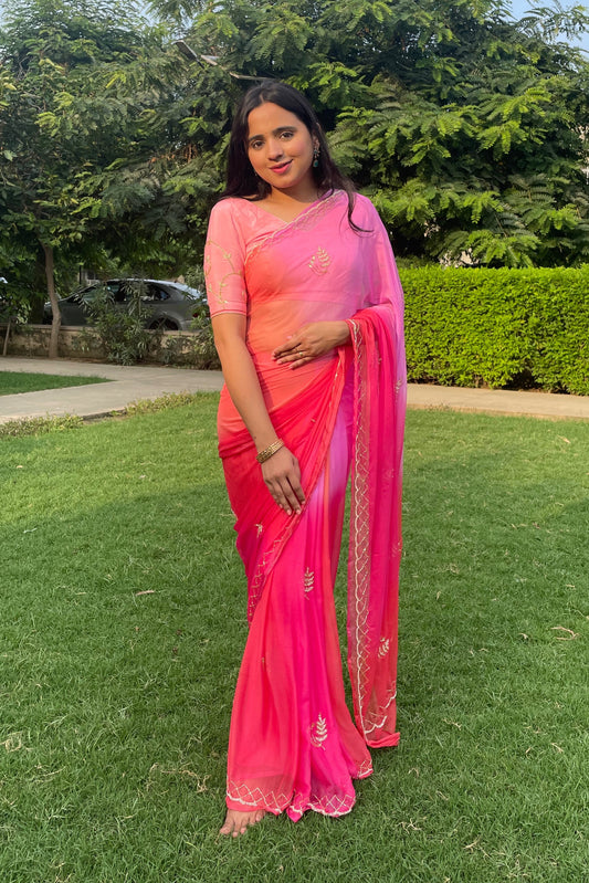 Rani Ombre Shades of Pink Pre Pleated Chiffon Saree