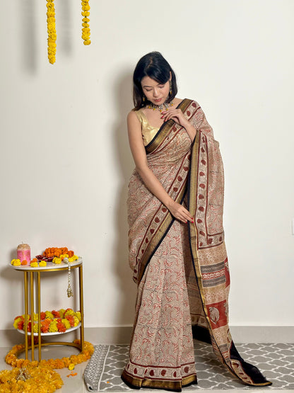 Gulzar Handblock Printed Maheshwari Silk Saree