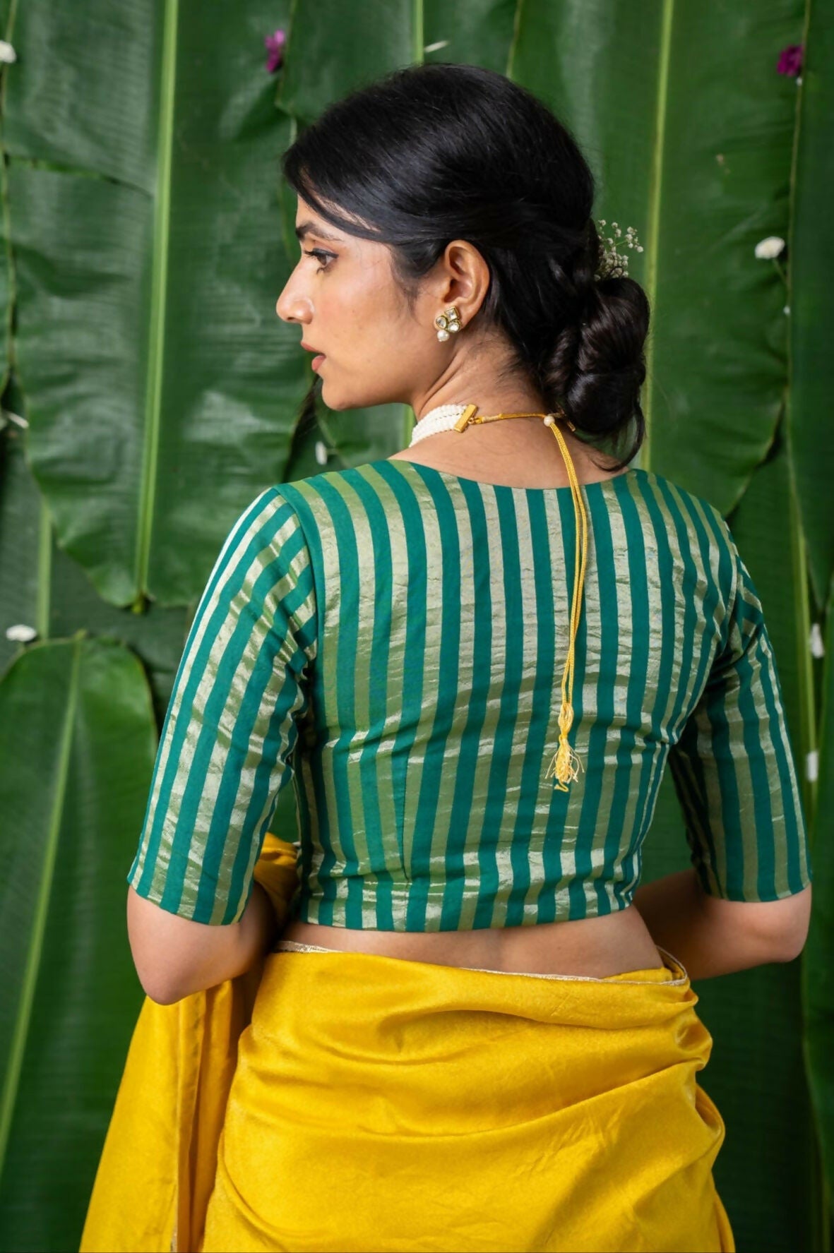 Ishya Green Chanderi Striped Elbow Sleeve Blouse with V neck