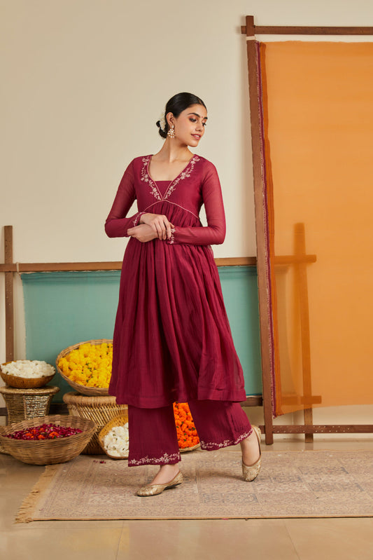 Rozina Maroon Chanderi Kurta Set