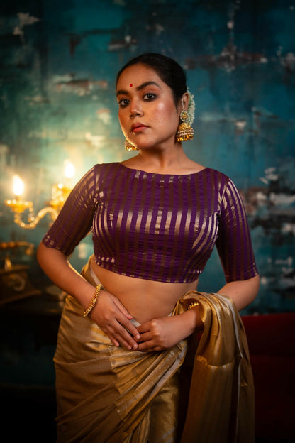 Keya Purple Chanderi Striped Elbow Sleeve Blouse with Back Bow