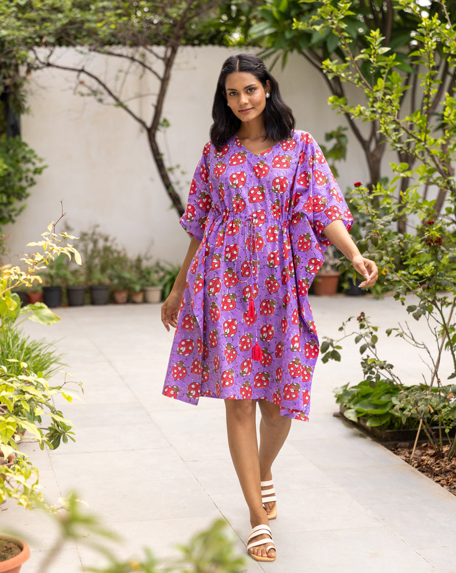 LoveBug Purple Hand Block Printed Cotton Midi Kaftan