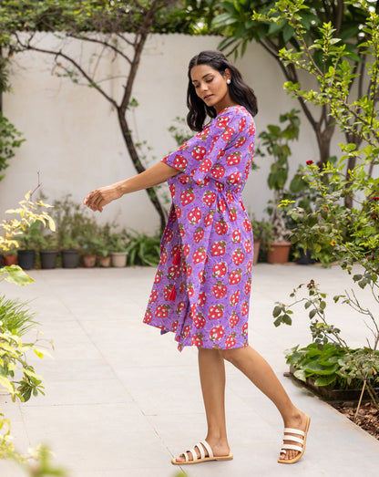 LoveBug Purple Hand Block Printed Cotton Midi Kaftan
