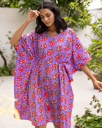 LoveBug Purple Hand Block Printed Cotton Midi Kaftan