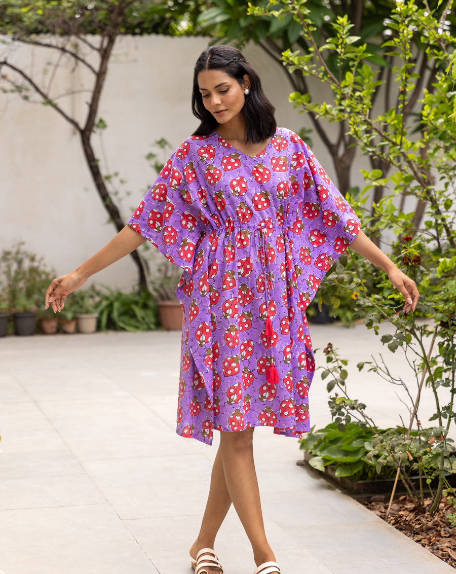 LoveBug Purple Hand Block Printed Cotton Midi Kaftan